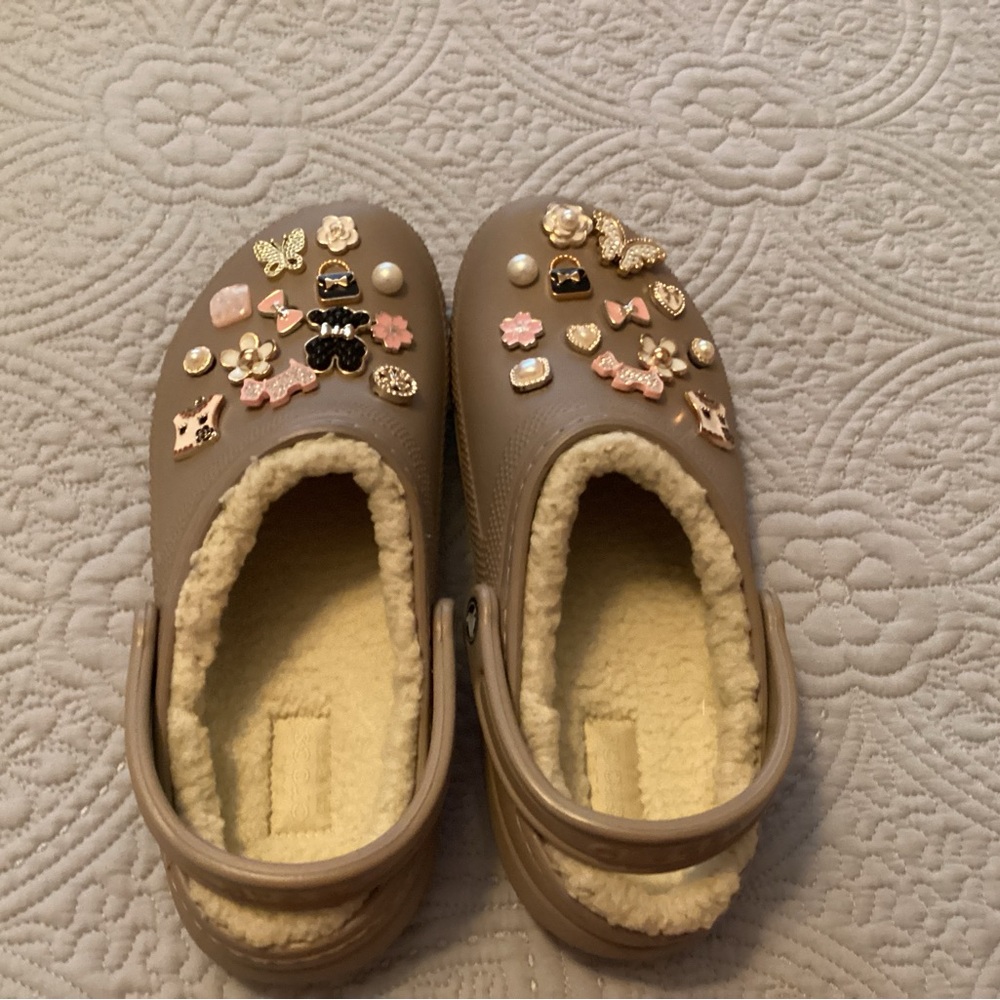 CROCS Tan Clogs with Decorative Charms